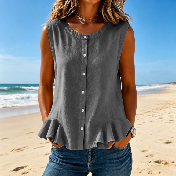 Puyaiuu Womens Sleeveless Button Front Round Neck Ruffle Hem Loose Casual Tank Top Gray S Gift