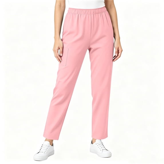 Puyaiuu Womens Solid Loose Elastic Waist Scrub Pants With Side Pockets Medical Work Trousers Pink S Gift