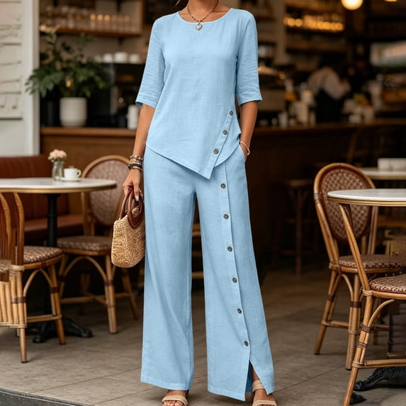 Puyaiuu Womens Solid Wrinkle Fabric 2 Piece Outfit Asymmetric Button Top High Slit Wide Leg Pants Summer Casual Vacation Set Blue L Gift