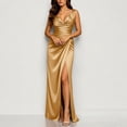 thumbnail image 1 of Puyaiuu Womens Summer Vacation Satin V Neck Sleeveless Ruched High Slit Maxi Evening Party Gown Gold L Gift, 1 of 9