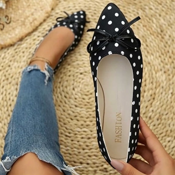 Puyaiuu Womens Vintage Pointed Toe Polka Dot Bow Flat Slip On Loafer Shoes Daily Fashion Footwear Black 39 Gift