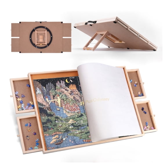 PuzOdyssey 1500 Piece Puzzle Board with Drawers, 26" x 35" Rotating & Tilting Jigsaw Puzzle Table, Wooden Portable Puzzle Board with White Mat, Lazy Susan & Handle, Ideal Gift for Puzzle Lovers