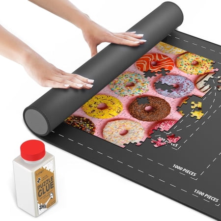 Puzelworx Puzzle Mat, Roll Up Puzzle Board for Jigsaw Puzzles - 1500 Pieces Protector, Saver, Organizer, Non-Slip Rubber Bottom, Foam Rolling Tube, Polyester Top w/Storage Bag + BonusPuzzleGlue