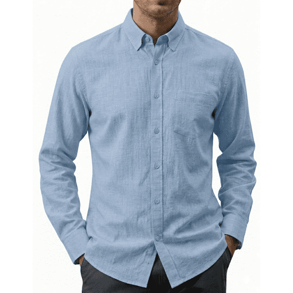 Puztloy Mens Long Sleeve Cotton Linen Shirts Buttons Down Solid Plain Roll-Up Sleeve Casual Beach Shirts
