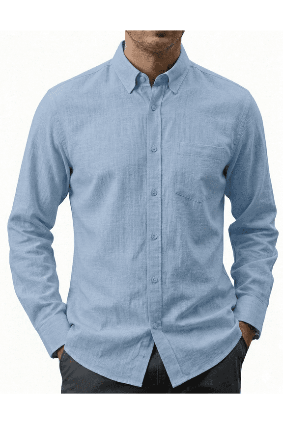 Mens Long Sleeve Cotton Linen Shirts Buttons Down Solid Plain Roll-Up Sleeve Casual Beach Shirts