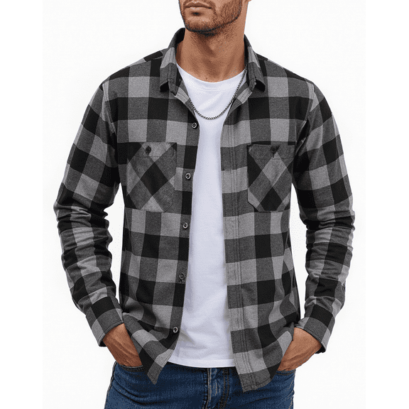 Puztloy Flannel Shirt Men Plaid Button Down Shirts Long Sleeve for Men Regular Fit Winter Business Work Dress Shirts with Pockets