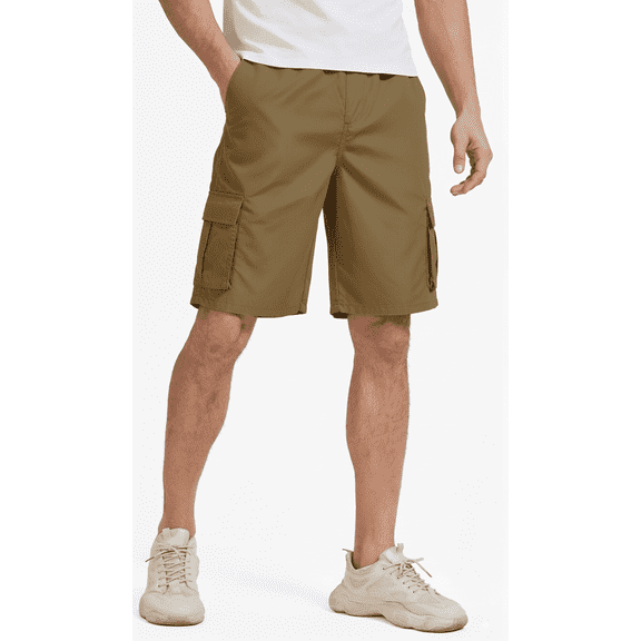 Puztloy Men's Cargo Shorts Work Gym Medium Elastic Waist Drawstring with Zippered Pockets Relaxed Fit Outdoor Casual Pant,2025 Khaki