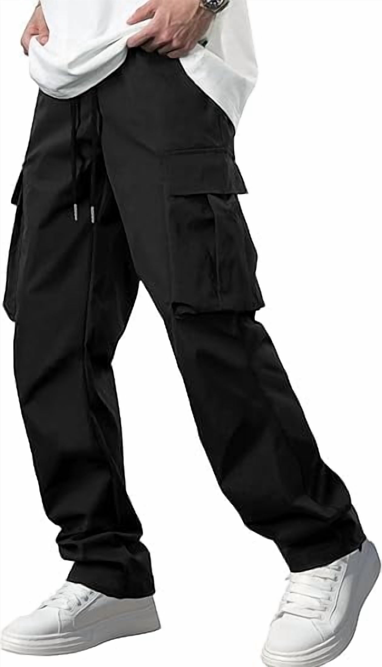 PUZTLOY Men Cargo Pants work Joggers Sweatpants Casual Hiking baggy Workout Drawstring Pants with Multi Pockets Black