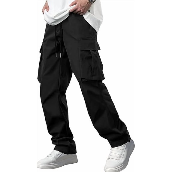 PUZTLOY Men Cargo Pants work Joggers Sweatpants Casual Hiking baggy Workout Drawstring Pants with Multi Pockets Black