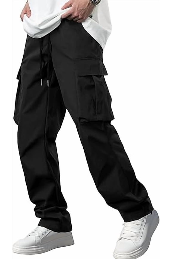 Men Cargo Pants work Joggers Sweatpants Casual Hiking baggy Workout Drawstring Pants with Multi Pockets Black