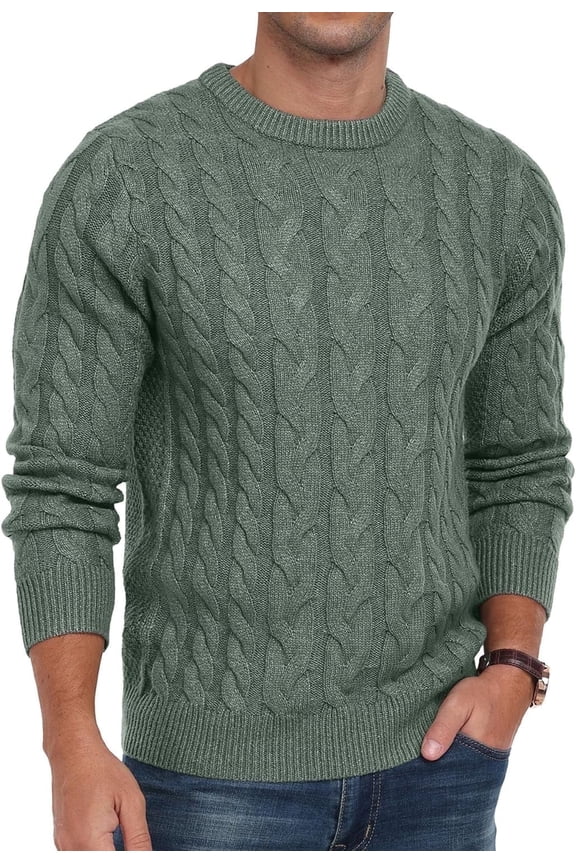 Mens Sweater Cable Knit Pullover Sweater for Men Crewneck Long Sleeve Wool Sweater for Men Casual Winter Fall Sweaters