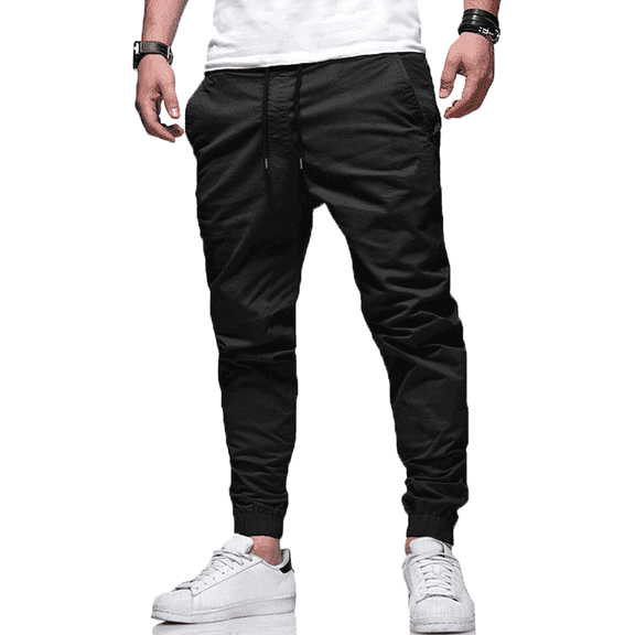PUZTLOY Men’s Jogger Pants with Pockets Drawstring Cargo Sweatpants Casual Athletic Track Pants for Hiking Running Outdoor Workout Black