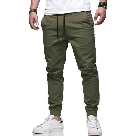 PUZTLOY Men’s Jogger Pants with Pockets Drawstring Cargo Sweatpants Casual Athletic Track Pants for Hiking Running Outdoor Workout Army Green