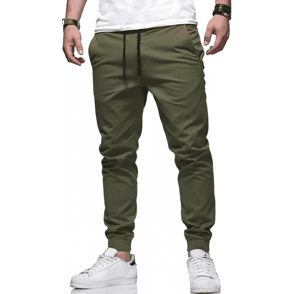 PUZTLOY Men's Cargo Joggers Track Pants with Pockets Drawstring Cargo Sweatpants Casual for Hiking Running Outdoor Workout Army Green