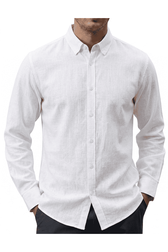 Mens Long Sleeve Cotton Linen Shirts Buttons Down Solid Plain Roll-Up Sleeve Casual Beach Shirts