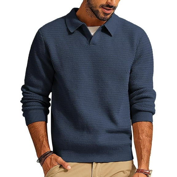 Puztloy Mens Sweater V Neck Cable Knit Long Sleeve Textured Pullover Casual Fall Winter Knitwear Navy Blue