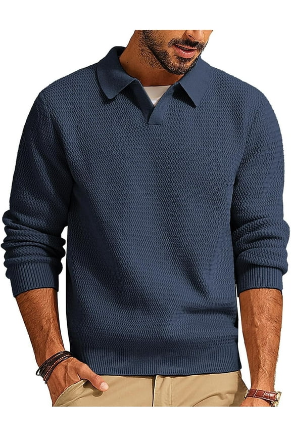 Mens Sweater V Neck Cable Knit Long Sleeve Textured Pullover Casual Fall Winter Knitwear Navy Blue