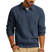 PUZTLOY Mens Sweater V Neck Cable Knit Long Sleeve Textured Pullover Casual Fall Winter Knitwear Navy Blue