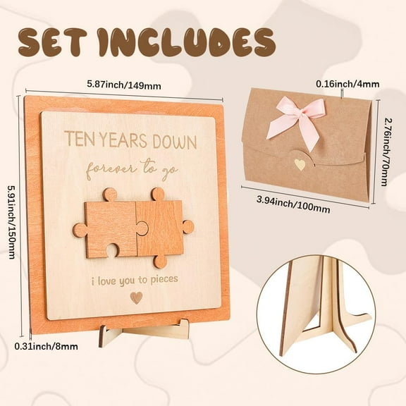 Puzzle Anniversary Card 10 Year Anniversary Plaque Wooden Board Envelope Base Wood Romantic Personalized Piece Ornament Sign Sets for Men Women Couple Wedding Gifts Home Desktop Decoration