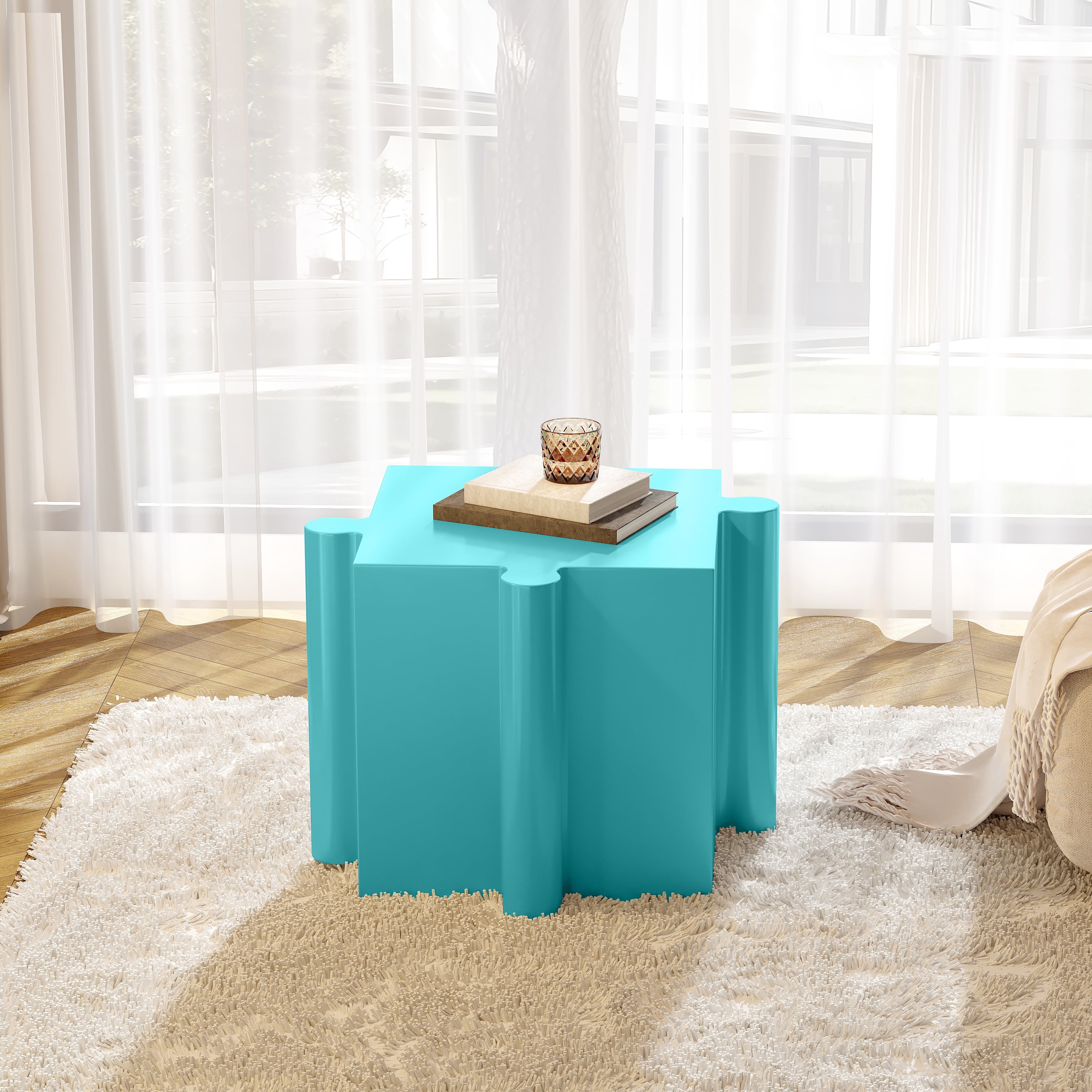Puzzle Art Side Table, Outdoor Modular Convex Edge Table for Patio Garden Indoor Outdoor, Light Blue