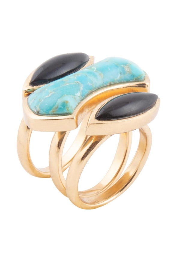 Puzzle Blue Turquoise and Black Onyx Golden Ring Set