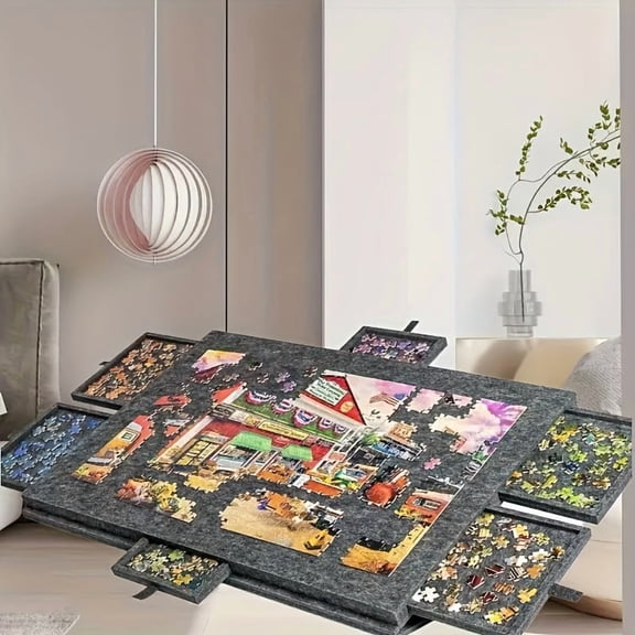 Puzzle Board for 1000 Pieces with Tilting Stand and Lid, 6 Drawers, Gray Portable Table