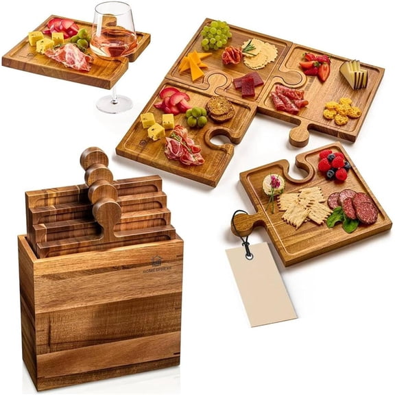 Puzzle Charcuterie Board Set of 4 Interlocking Puzzle Piece Charcuterie Boards with Storage Box, Wood Puzzle Cutting Board with Handle, Cheese & Appetizer Serving Tray