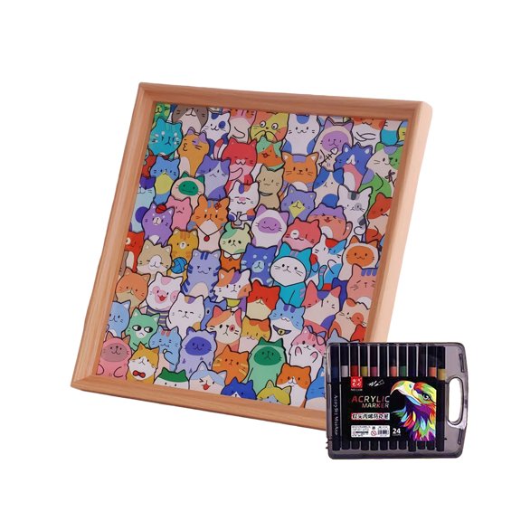 HD Printed Pattern Little Cat Wooden Coloring Puzzle Puzzle Drawing Assembly All in One Wooden Frame Natural Wood Grain with Equipped Marker Pen
