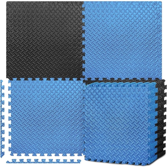 Puzzle Exercise Mat with 12/24/48 Tiles Interlocking Foam Gym Mats, 24'' x 24'' EVA Foam Floor Tiles, Protective Flooring Mats for Gym Equipment- 48 Sq.ft/12 Tiles - Black & Blue