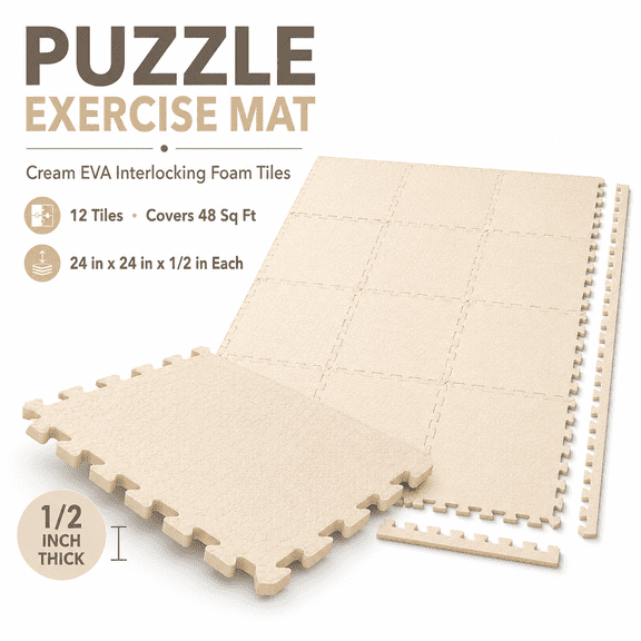 Puzzle Exercise Mat ½ in, EVA Interlocking Foam Floor Tiles for Home Gym, Cream, 24 x 24 in, 12 Tiles (48 Sq Ft)
