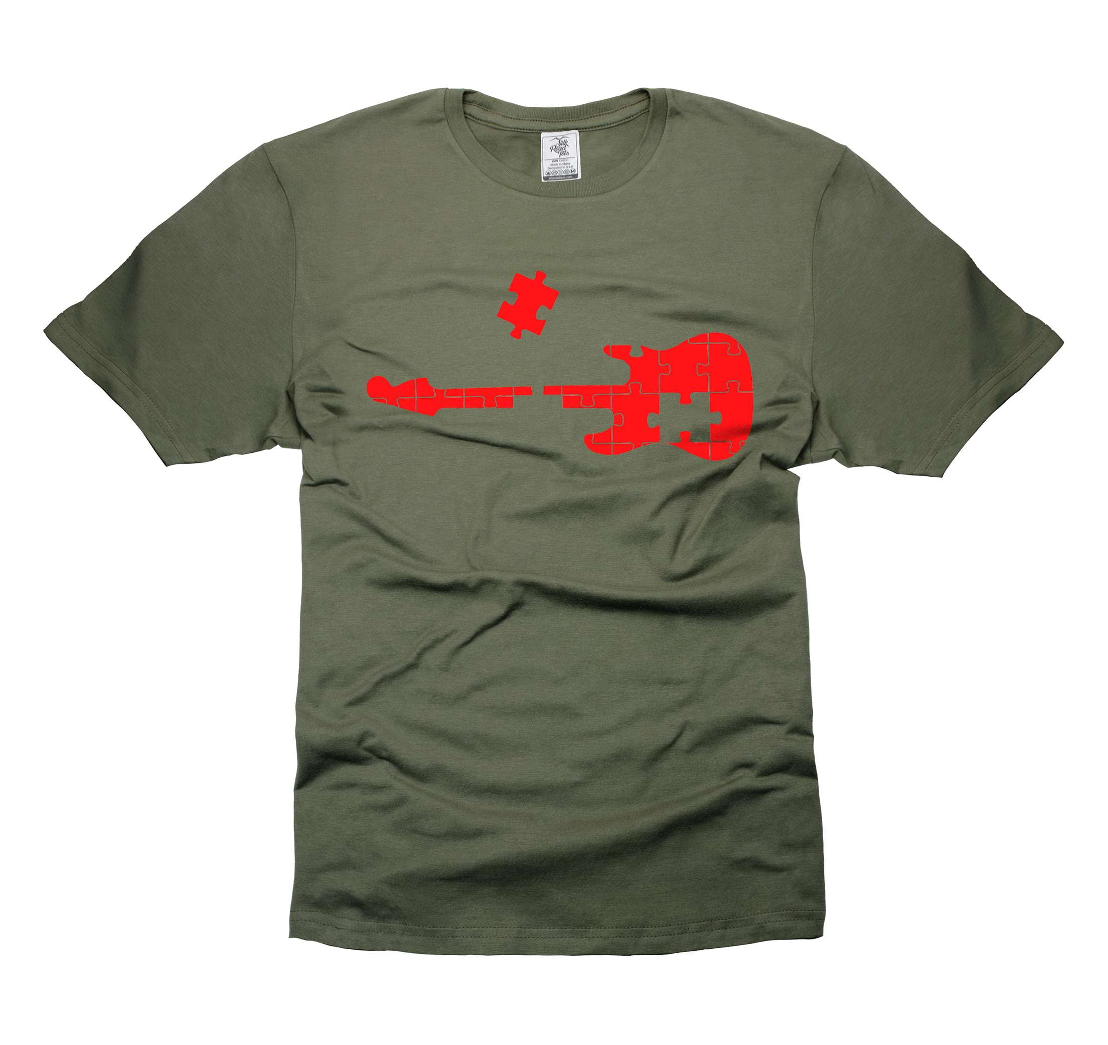 Puzzle Guitar Shirt Autism Guitar Tee Autism Awareness Shirt Guitarist Gift Tee Autistic Shirt (Medium Military Green)