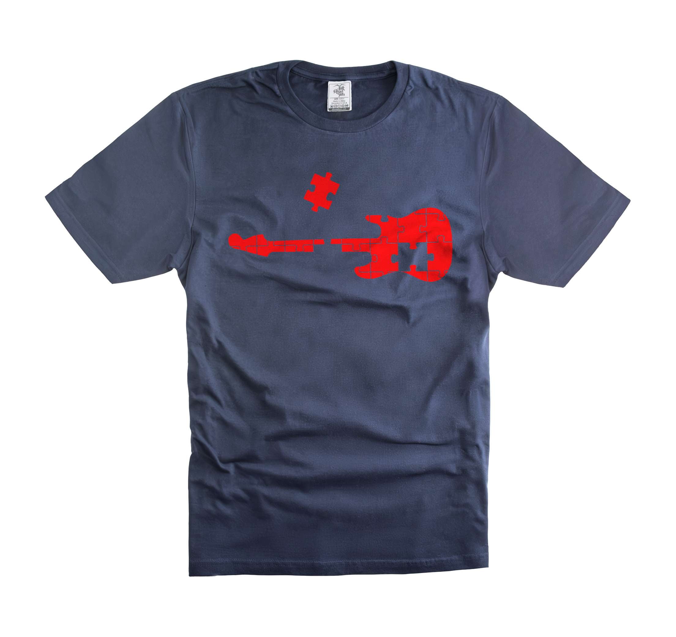 Puzzle Guitar Shirt Autism Guitar Tee Autism Awareness Shirt Guitarist Gift Tee Autistic Shirt (Medium Navy Blue)