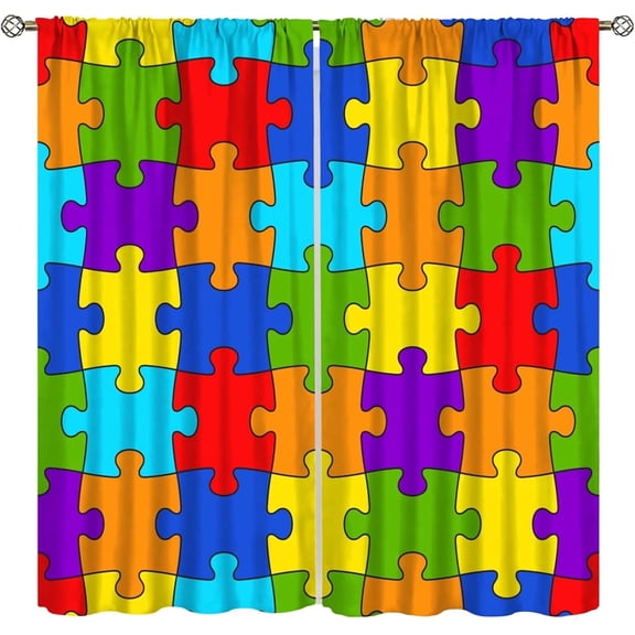 Puzzle Kitchen Curtains, Colorful Puzzle Pieces Fractal Children Hobby Activity Leisure Toys Cartoon Image, Window Drapes Set 2 Panels,42x63 Inches, Style