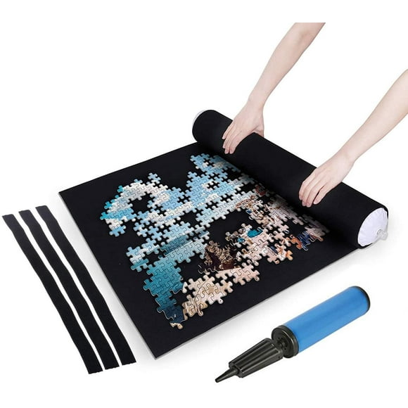 Puzzle Mat Roll Up, Puzzle Saver Store 1500 Pieces Felt Puzzle Mat with Inflatable Tube, 3 Elastic Fasteners,and a Air Pump Black 46 x 26 Inch