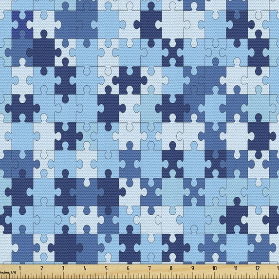 Puzzle Pattern Fabric by the Yard, Monochrome Abstract Geometric Art with Separate Pieces, Decorative Upholstery Fabric for Sofas and Home Accents, 1 Yard, Blue Night Blue Pale Blue by Ambesonne