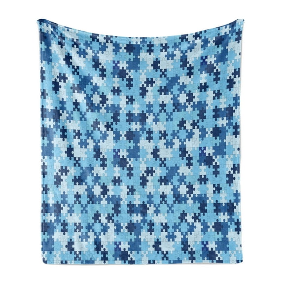 Puzzle Pattern Soft Flannel Fleece Throw Blanket, Monochrome Abstract Geometric Art with Separate Pieces, Cozy Plush for Indoor and Outdoor Use, 50" x 60", Blue Night Blue and Baby Blue, by Ambesonne