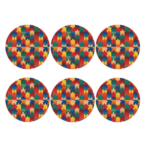 Puzzle Piece Autism Awareness Leather Drink Coasters for Drinks (6 Pack) for Tabletop Protection Round Shape