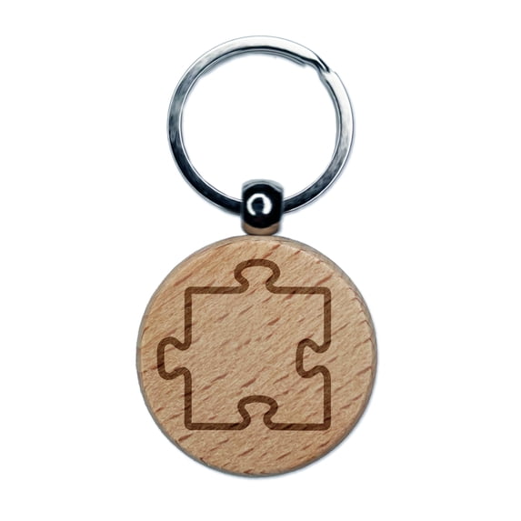 Puzzle Piece Outline Round Keychain Charm Tag - Engraved Wood