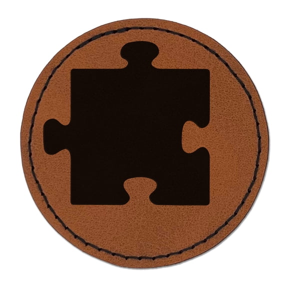 Puzzle Piece Solid 2.5" Faux Leather Round Engraved Iron-On Patch - Brown