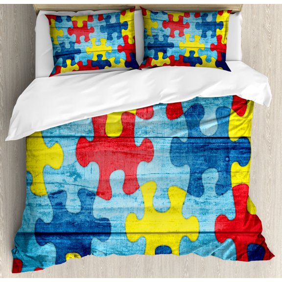 Puzzle Print Duvet Cover Set Queen Size, Grunge Wooden Look Jigsaw Childish Design, Decorative 3 Piece Bedding Set with 2 Pillow Shams, Multicolor, by Ambesonne