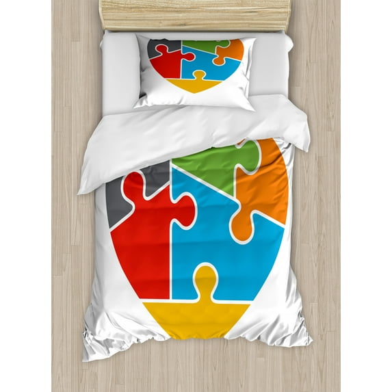 Puzzle Print Duvet Cover Set Twin Size, Colorful Design Simple Jigsaw Heart Motif on a Plain Background Image, Decorative 2 Piece Bedding Set with 1 Pillow Sham, Multicolor, by Ambesonne