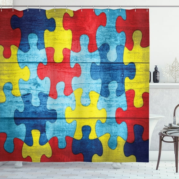 Puzzle Print Shower Curtain, Grunge Wooden Look Jigsaw Childish Design, Fabric Bathroom Set with Hooks, 69W X 70L Inches, Multicolor, by Ambesonne