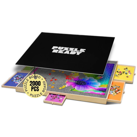 Puzzle Ready Wooden Puzzle Board 2000 Piece Felt Surface with 4 Storage Drawers Portable Puzzle Table