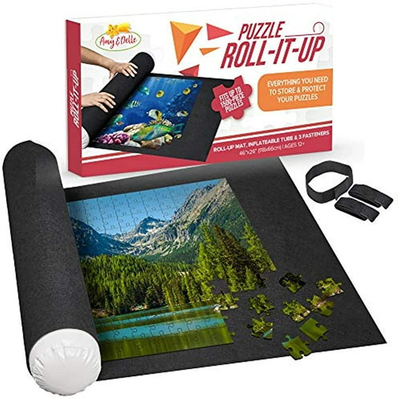 Puzzle Roll Up Mat Premium Pump - Store and Transport Jigsaw Puzzles Up to 1500 Pieces - 46" x 26" Felt Mat, Inflatable Tube, and 3 Elastic Fasteners - Plus Bonus New Improved Pump