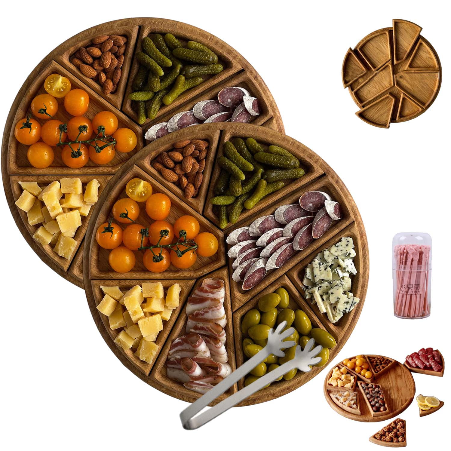 Puzzle Serving Tray - Wood with Removable Compartments, 9.9"x9.9" Funny Round Divided Serving Tray for Decor for Dry Fruits & Nuts, Meats, Dips, Home Decor Halloween Christmas Party Gift (2PCS)