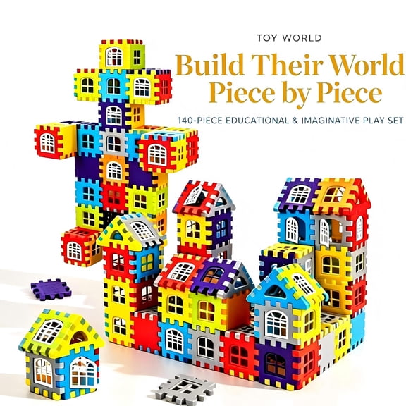 Kids Educational Puzzle Blocks, 140 Pieces, Portable Plastic Building Blocks, Minimum Recommended Age 6 Years Old, Beginner Level, Brain & Skill Development Game