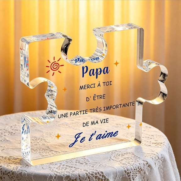 Puzzle Shaped Acrylic Desktop Ornament for Dad Clear Decorative Figurine with French Text Thank You Gift for Home Shelf Centerpiece