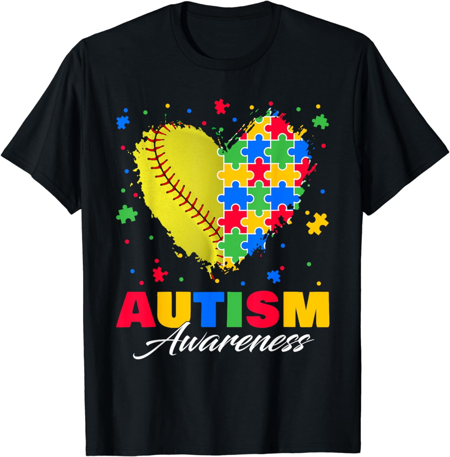 Puzzle Softball Ball Heart Autism Awareness Autistic Kids TShirt