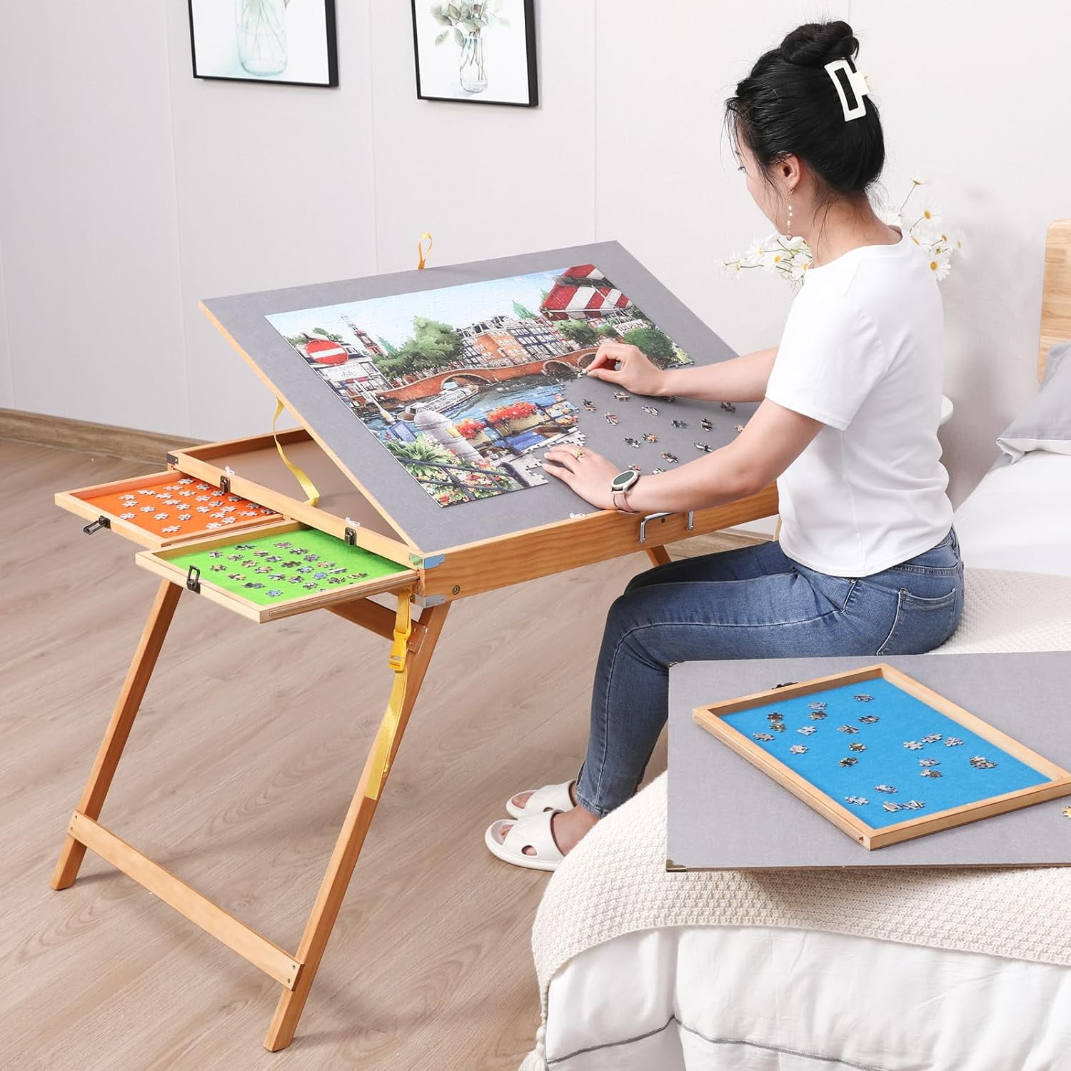 Puzzle Table 1500 Pieces Portable Puzzle Table with Drawers 25"x34