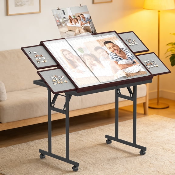 Puzzle Table 1500 Pieces with Wheels, Puzzle Table for Adults with Drawers and Cover, 5 Adjustable Up Angles Wooden Jigsaw Puzzle Board with Folding Legs for All Ages, Coffee